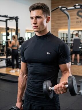 Reebok Men Medium Snug Fit Athletic Gym Workout Fitness Black Tee Top
